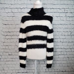 Bebe Black and White Striped Fuzzy Sweater